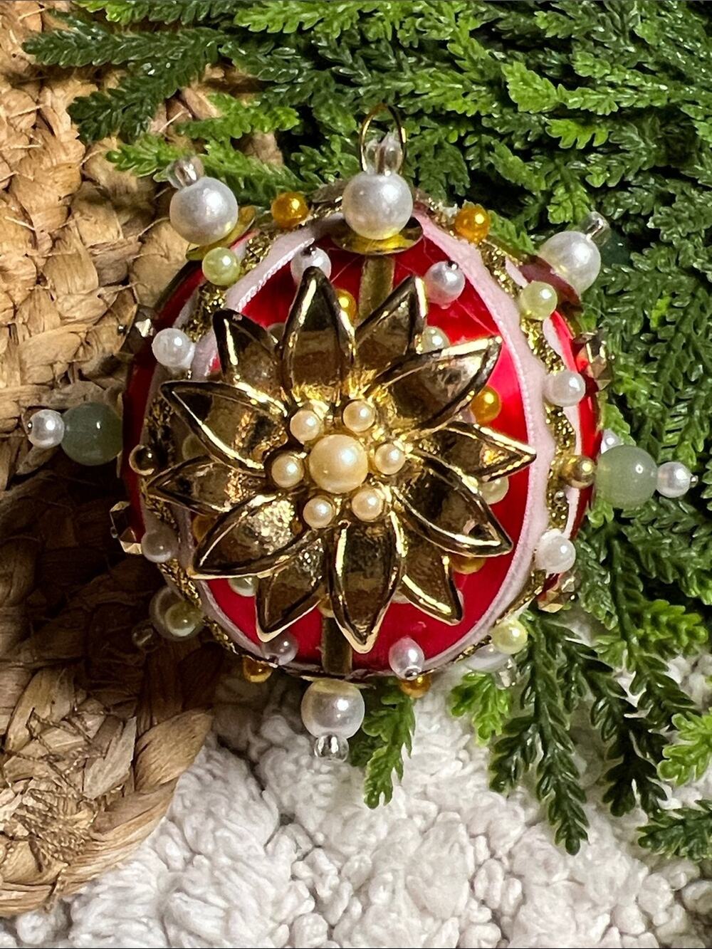 Beaded Sequins Push Pin Satin Thread Ball Christmas Ornament Vintage Brooch Red